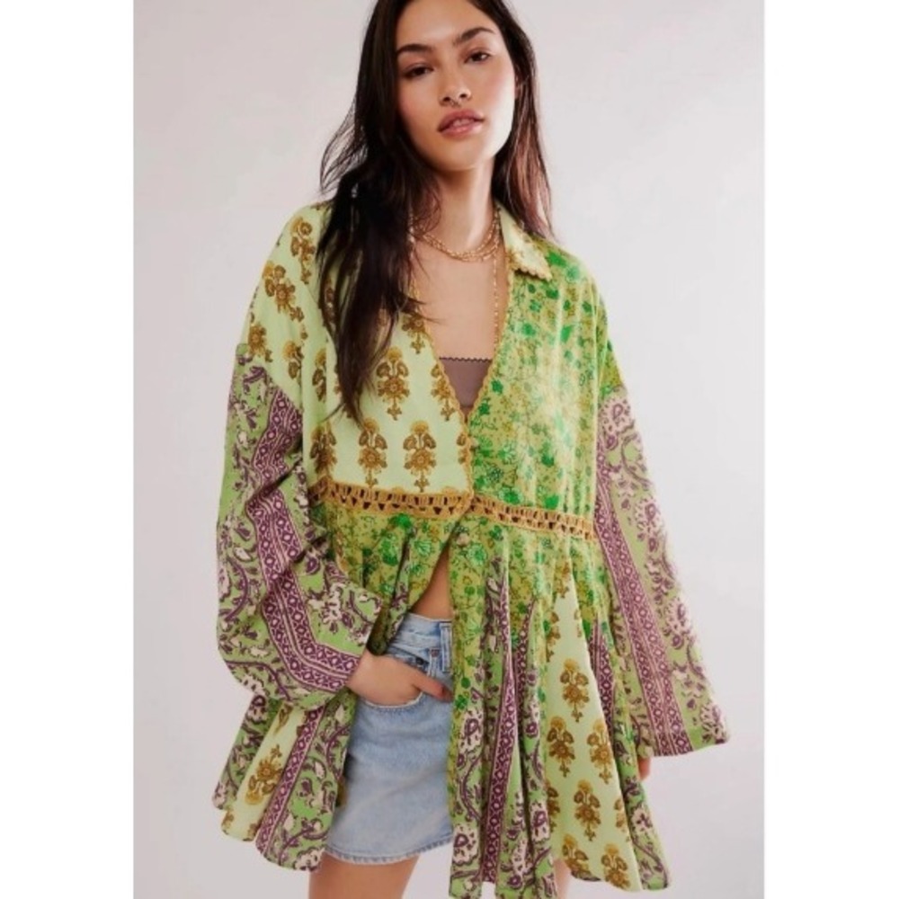 Free People Hazy Baby Printed‎ Mini Dress in Sweet Mint Combo XS NWOT